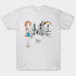 Vector fashion girl in summer clothes in Paris T-Shirt